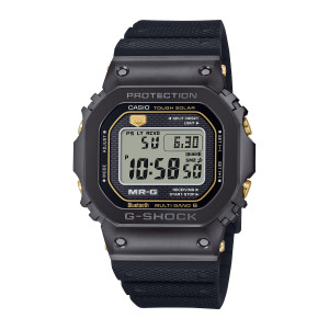 Casio G-Shock MR-G MRGB5000R-1 watch, front view of a dark square case with a gold outlined pale panel and gold tone side buttons