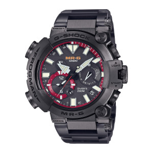 Casio G-Shock MR-G MRGBF1000B-1A watch, front view of a dark gray metal look case with a red ring around a black dial