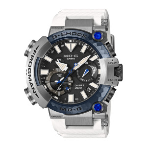 Casio G-Shock MR-G MRGBF1000EB-1A watch, front view of the faceted blue bezel, blue studs and wide silver tone side guards