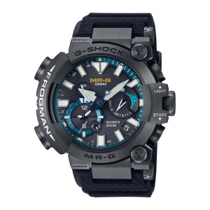 Casio G-Shock MR-G MRGBF1000R-1A watch, front view of dark case with a teal ring on a black dial and a white lettered guard
