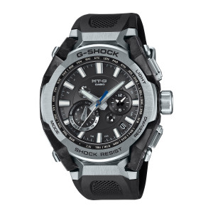 Casio G-Shock MT-G MTGB4000-1A watch, front view of the faceted silver tone bezel, black dial and vented black band