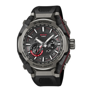 Casio G-Shock MT-G MTGB4000B-1A watch, front view of an octagonal gray case with forged carbon look sides and a black strap