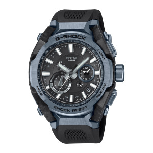 Casio G-Shock MT-G MTGB4000B-1A2 watch, front view of a blue gray bezel with city abbreviations, marbled black sides and perforated band pads