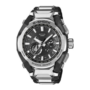 Casio G-Shock MT-G MTGB4000D-1A watch, front view of the brushed silver tone bezel with its ring of city abbreviations and faceted black corners