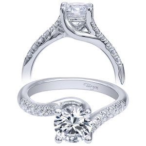 Taryn TE10198W44JJ 14 karat white gold engagement ring, front and profile views of a round center on a slim bypass shank with pave along one sweep