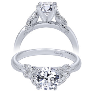 Taryn TE10493W44JJ 14 karat white gold engagement ring, front and profile views of a round center with small pave leaf clusters on a slim polished shank