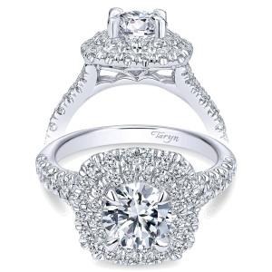 Taryn TE10754W44JJ 14 karat white gold engagement ring, front and profile views of a round center in a cushion shaped double halo above split pave rails