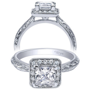 Taryn TE10906W44JJ 14 karat white gold engagement ring, front and profile of a princess center in a milgrain edged square halo over wheat engraved shoulders