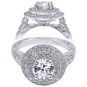 Taryn TE10910W44JJ 14 karat white gold engagement ring, front and profile of a round center in a concentric double halo above engraved milgrain shoulders