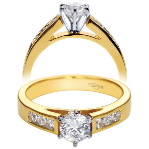 Taryn TE2315M43JJ 14 karat yellow gold engagement ring, angled and profile views of a channel of round accents inside a raised rail on a broad shank