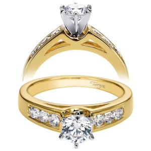 Taryn TE2352M43JJ 14 karat yellow gold engagement ring, angled and profile views of round accents channeled beside a peaked gallery pierced with open cutouts