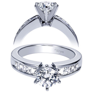 Taryn TE2690W44JJ 14 karat white gold engagement ring, angled and profile views of a straight channel of square accents running across a wide flat shank