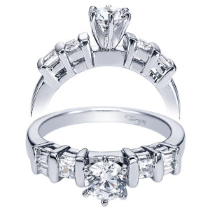 Taryn TE2743W44JJ 14 karat white gold engagement ring, angled and profile views of alternating baguette and square accents separated by upright bars