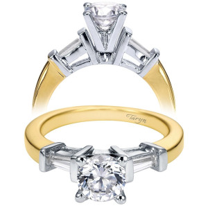 Taryn TE2792M43JJ 14 karat yellow and white gold engagement ring, front and profile views of a round center between tapered baguette sides on a plain shank
