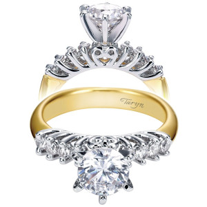 Taryn TE3959M44JJ 14 karat yellow and white gold engagement ring, two views of a round center in a tall crown with graduated shared prong sides and scrolled gallery