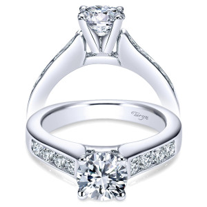 Taryn TE3962W44JJ 14 karat white gold engagement ring, two views of a four prong round center with channel set rounds tapering along a broad flat shank