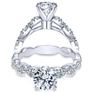 Taryn TE3990W44JJ 14 karat white gold engagement ring, two views of a round center with shared prong rounds set edge to edge along a scalloped shank