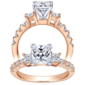 Taryn TE4020T44JJ 14 karat rose and white gold engagement ring, two views of a princess center flanked by square side stones above shared prong rounds along the shoulders