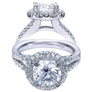 Taryn TE4108W44JJ 14 karat white gold engagement ring, two views of a round center in a single round halo above a split pave shank