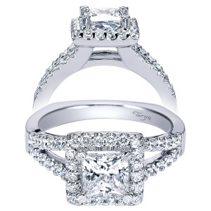 Taryn TE4113W44JJ 14 karat white gold engagement ring, two views of a princess center in a squared halo with two pave rows diverging down the shank