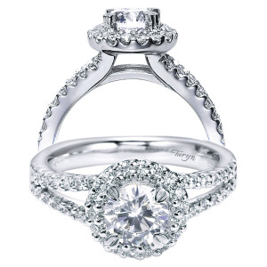 Taryn TE4114W44JJ 14 karat white gold engagement ring, two views of a round center held by split prongs inside the halo above a split pave shank
