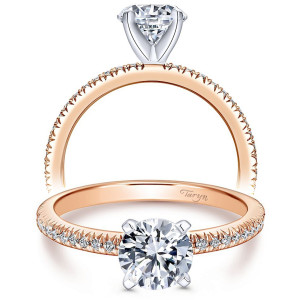 Taryn TE4181T44JJ 14 karat rose gold engagement ring, front and rear views of a round center on a slim shank scalloped with cut down pave