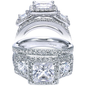 Taryn TE4209W44JJ 14 karat white gold engagement ring, front and rear views of a square center in a squared halo between two smaller haloed sides