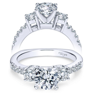Taryn TE4247W44JJ 14 karat white gold engagement ring, front and rear views of two round sides in open baskets beside the center over pave shoulders