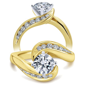 Taryn TE4309M44JJ 14 karat yellow gold engagement ring, front and rear views of a swirling bypass with a channel set curve sweeping past the center