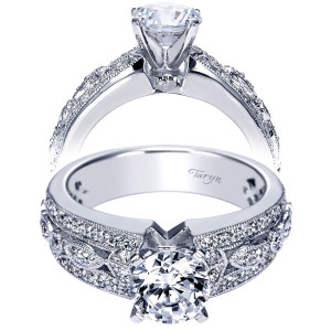 Taryn TE4310W44JJ 14 karat white gold engagement ring, front and rear views of leaf shaped pave panels and milgrain edging flanking the raised center