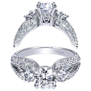 Taryn TE4353W44JJ 14 karat white gold engagement ring, front and profile views of a round center with flanking side stones and a pierced heart gallery