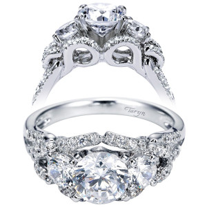 Taryn TE5333W44JJ 14 karat white gold engagement ring, front and profile views of three large rounds under an arching pave rail with looped openwork gallery