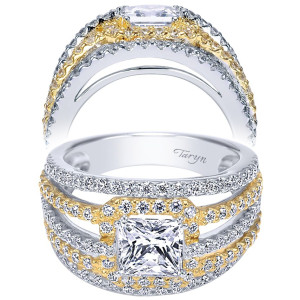 Taryn TE5345M44JJ 14 karat yellow and white gold engagement ring, front and profile views of a princess center framed in a squared halo across many parallel pave rails