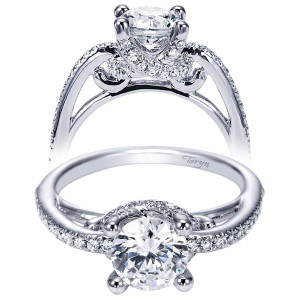 Taryn TE5346W44JJ 14 karat white gold engagement ring, front and profile views of a round center in rounded prongs above a pave swirl and scroll gallery