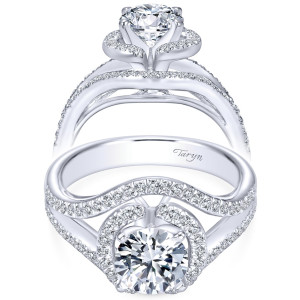 Taryn TE5348W44JJ 14 karat white gold engagement ring, front and profile views of a round center wrapped by a spiraling pave halo over crossing split arms