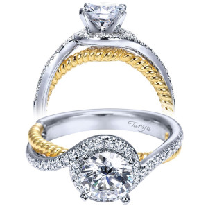 Taryn TE5362M43JJ 14 karat yellow and white gold engagement ring, front and profile views of a round center with a rope twist rail bypassing a pave crescent