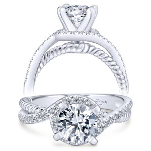 Taryn TE5362W44JJ 14 karat white gold engagement ring, front and profile views of a round center circled by pave and a braided rope rail crossing beneath