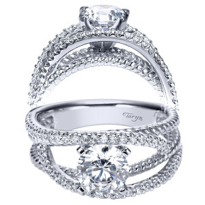 Taryn TE5363W44JJ 14 karat white gold engagement ring, front and profile views of a round center framed by wide crossing rails of pave and rope