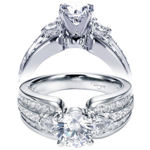 Taryn TE5683W44JJ 14 karat white gold engagement ring, front and profile views of a round center flanked by tapered side stones above three pave rows