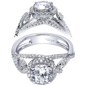 Taryn TE5721W44JJ 14 karat white gold engagement ring, front and profile views of a round center in a single pave halo above twisted crossing arms