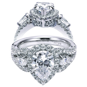 Taryn TE5785W44JJ 14 karat white gold engagement ring, front and profile views of a pear center in a matching pave halo between pear side stones