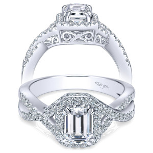 Taryn TE5801W44JJ 14 karat white gold engagement ring, front and profile views of an emerald center in a slim halo above crossing pave arms