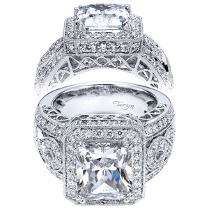 Taryn TE5810W44JJ 14 karat white gold engagement ring, front and profile views of a rectangular center in a milgrain double halo over a wide latticed shank