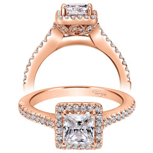 Taryn TE5825K44JJ 14 karat rose gold engagement ring, front and profile views of a square center in a scalloped halo above a slim pave shank
