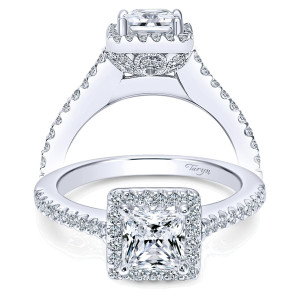 Taryn TE5825W44JJ 14 karat white gold engagement ring, front and profile views of a princess center in a square halo over a filigree collar