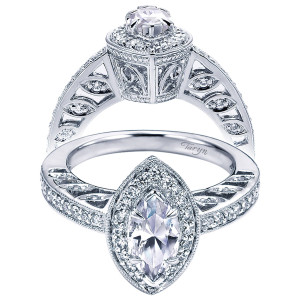 Taryn TE5862W44JJ 14 karat white gold engagement ring, front and profile views of a marquise center in a milgrain halo over a scrolled gallery