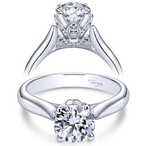 Taryn TE5948W44JJ 14 karat white gold engagement ring, front and profile views of a round center on four prongs above an ornate milgrain gallery