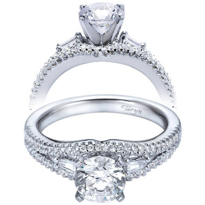 Taryn TE6012W44JJ 14 karat white gold engagement ring, front and profile views of a round center between two tapered baguettes above a split pave shank
