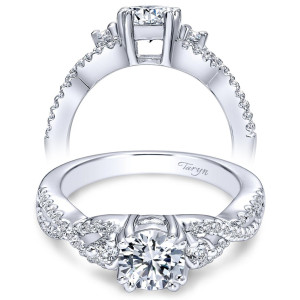 Taryn TE6022W44JJ 14 karat white gold engagement ring, front and profile views of a round center with pear shaped accents on a twisted pave shank