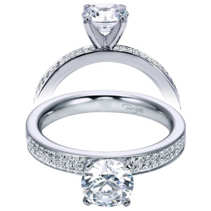 Taryn TE6139W44JJ 14 karat white gold engagement ring, front and profile views of a round center above a flat shank edged with two micropave rows